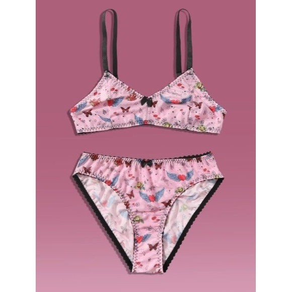 Size 8 Medium Pink Butterfly, Heart & Wings Graphic Bow Lingerie Set - Picture 1 of 5